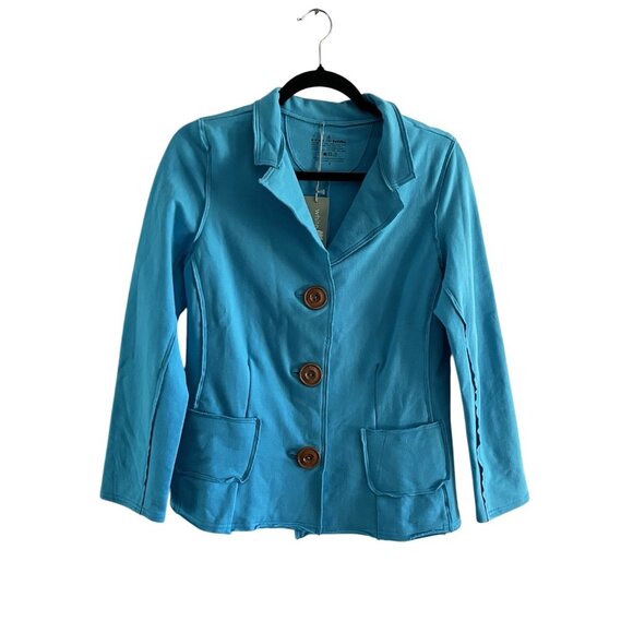 Neon Buddha Women S Blue Stretch Knit Artsy Button Front Blazer Jacket NWT - Picture 1 of 9